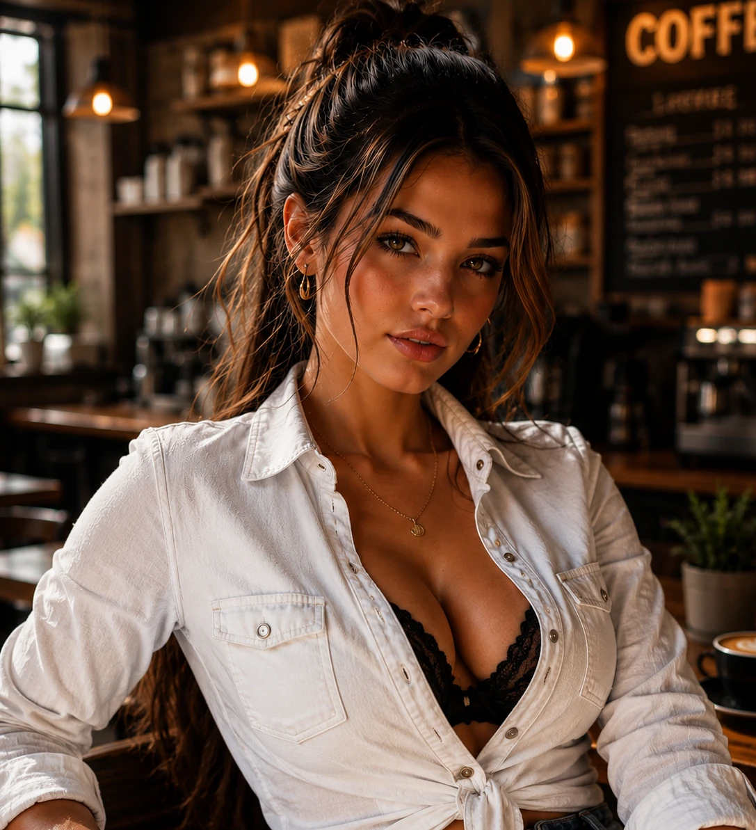 Editorial café portrait of Maya Suri in a white shirt
